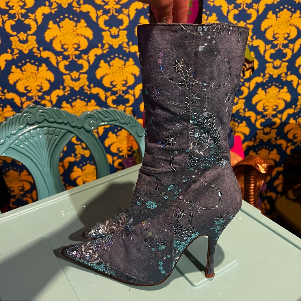 Blue on Blue Sequin Detail Spiked Boots